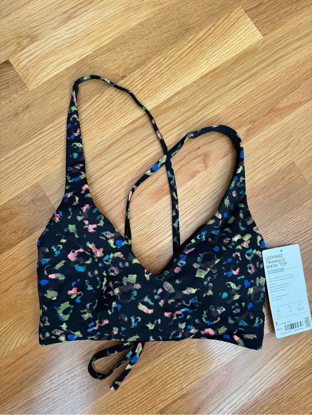 Athleta Black Leopard Triangle Bikini Top with Multicolor Spots